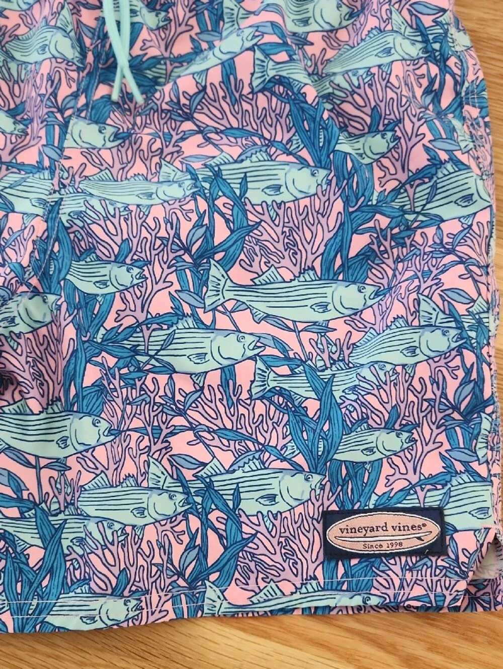 Vineyard Vines Pink & Blue Fish Print Kids Swim Trunks